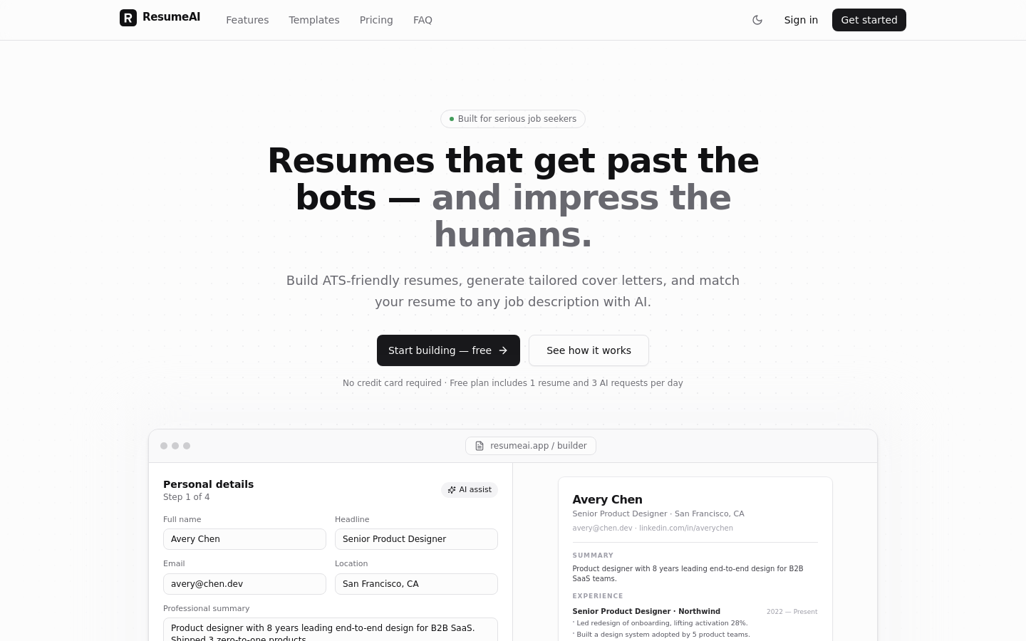 Above-the-fold capture of resumebuilderxx.space-z.ai