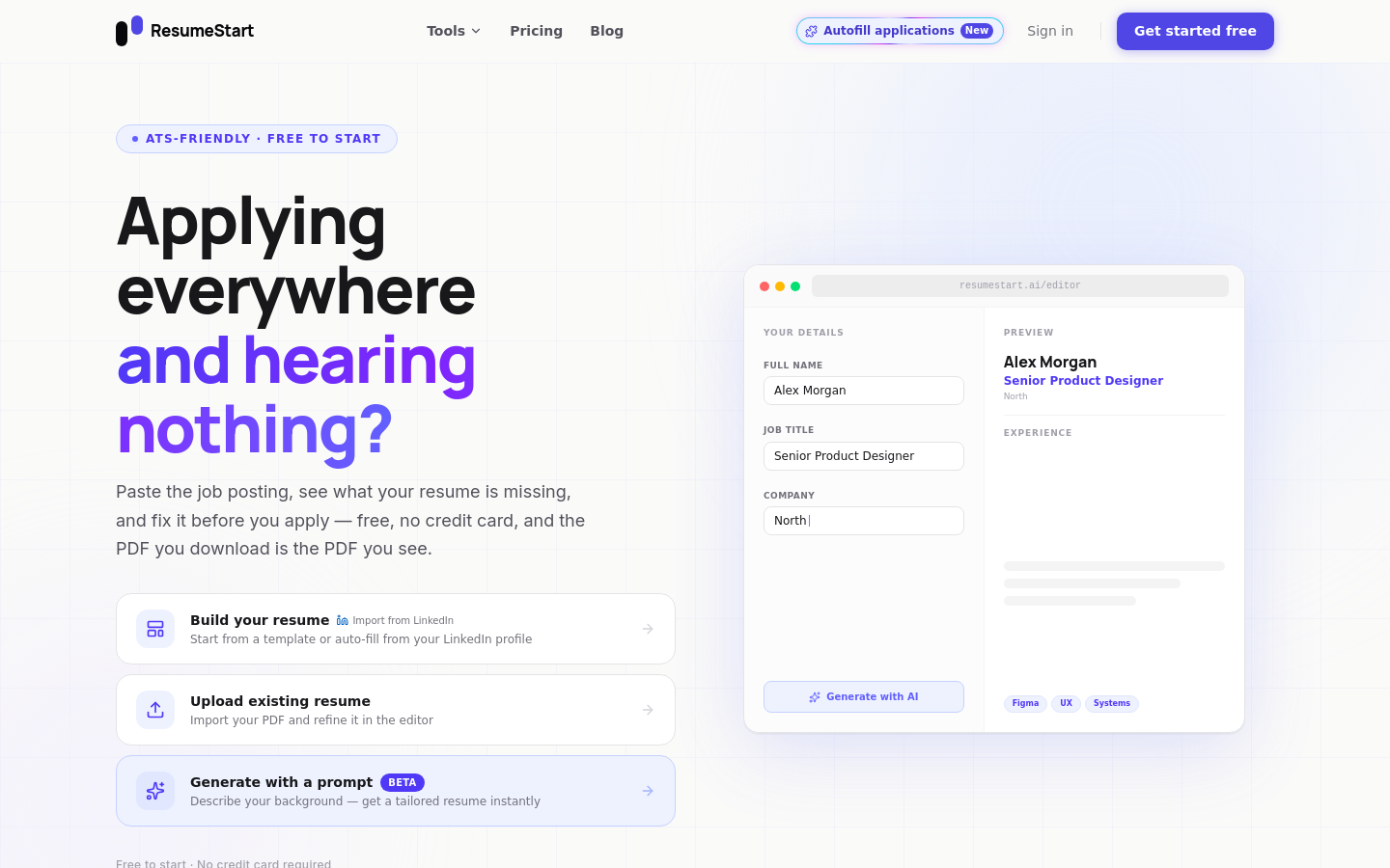 Above-the-fold capture of resumestart.ai