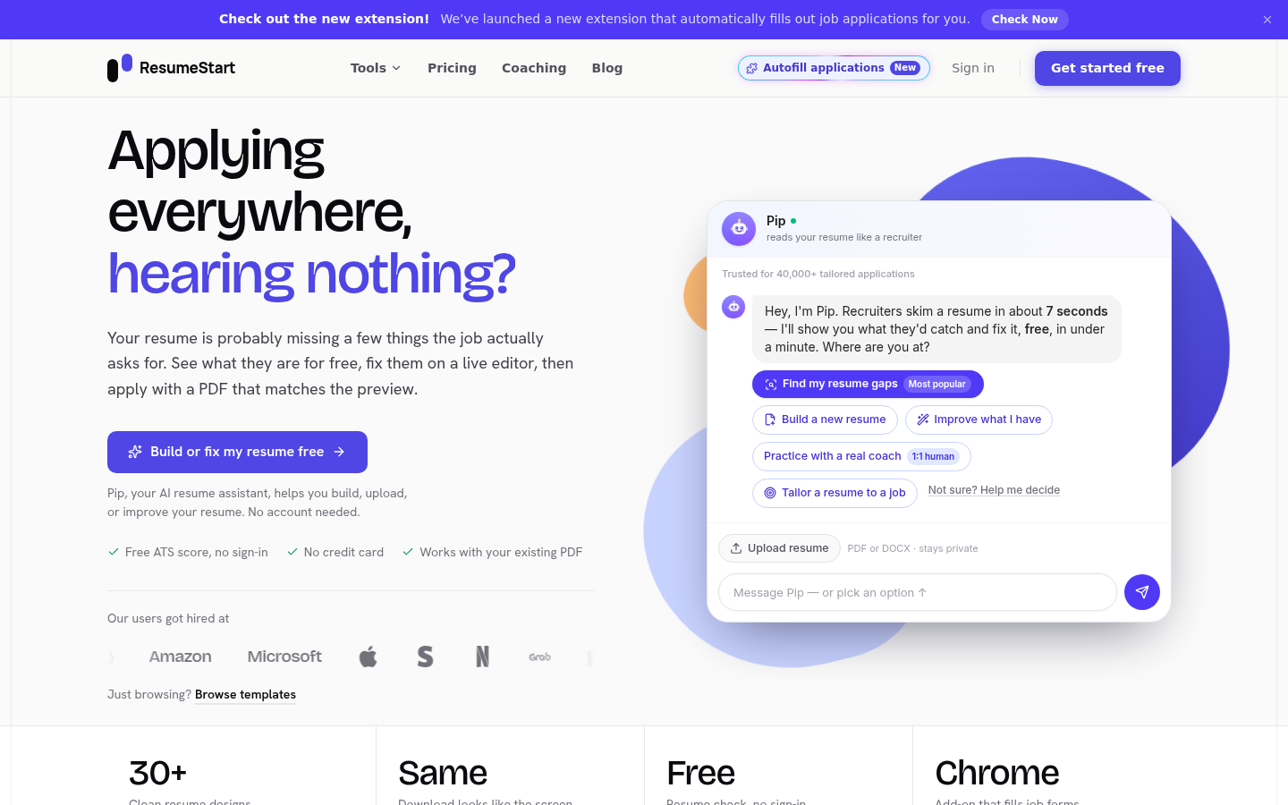 resumestart.ai desktop capture of the first page