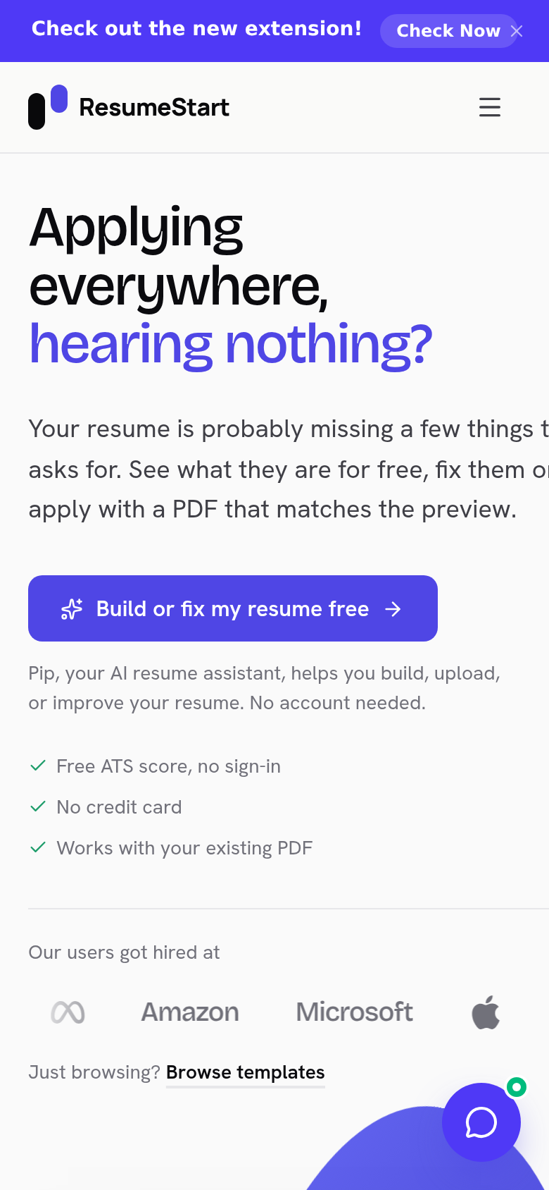 resumestart.ai mobile capture of the first page