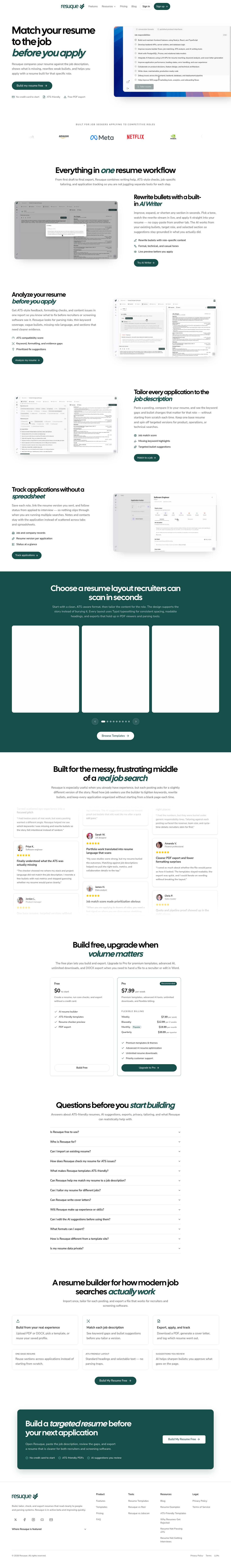 resuque.com — Hero + Logo Wall + Pricing + FAQ