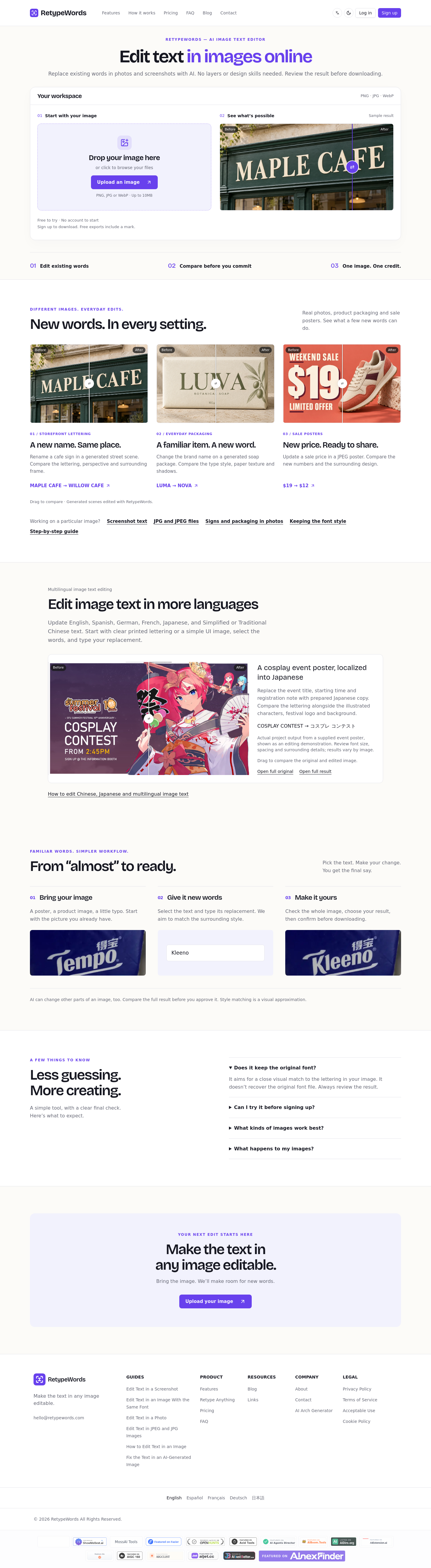 Nav section of retypewords.com