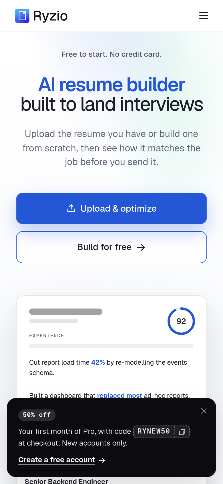 ryzio.app mobile capture of the first page