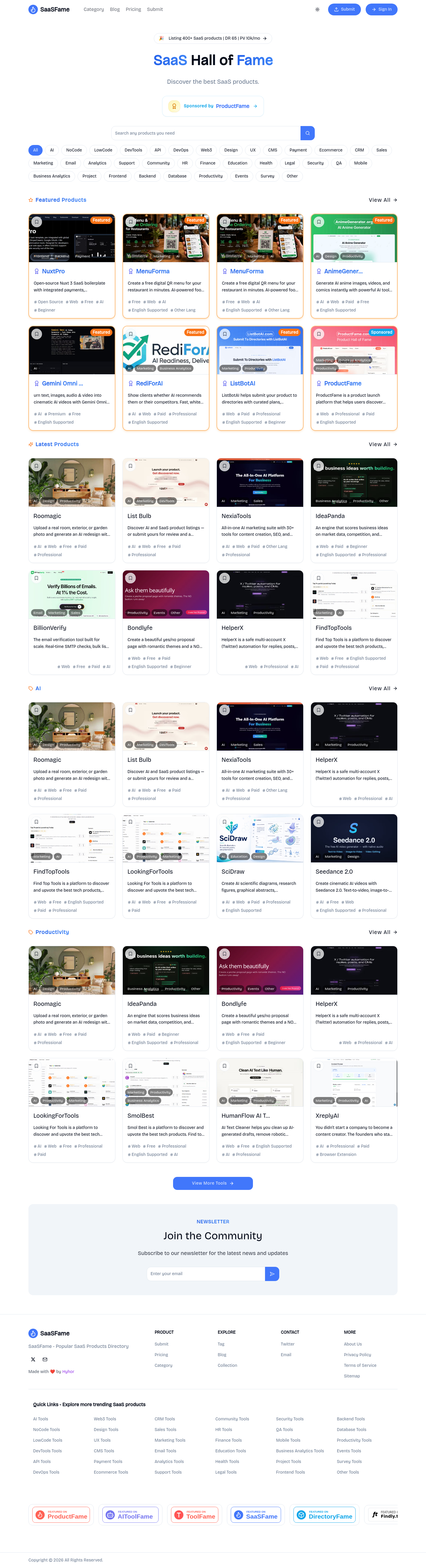 Nav section of saasfame.com
