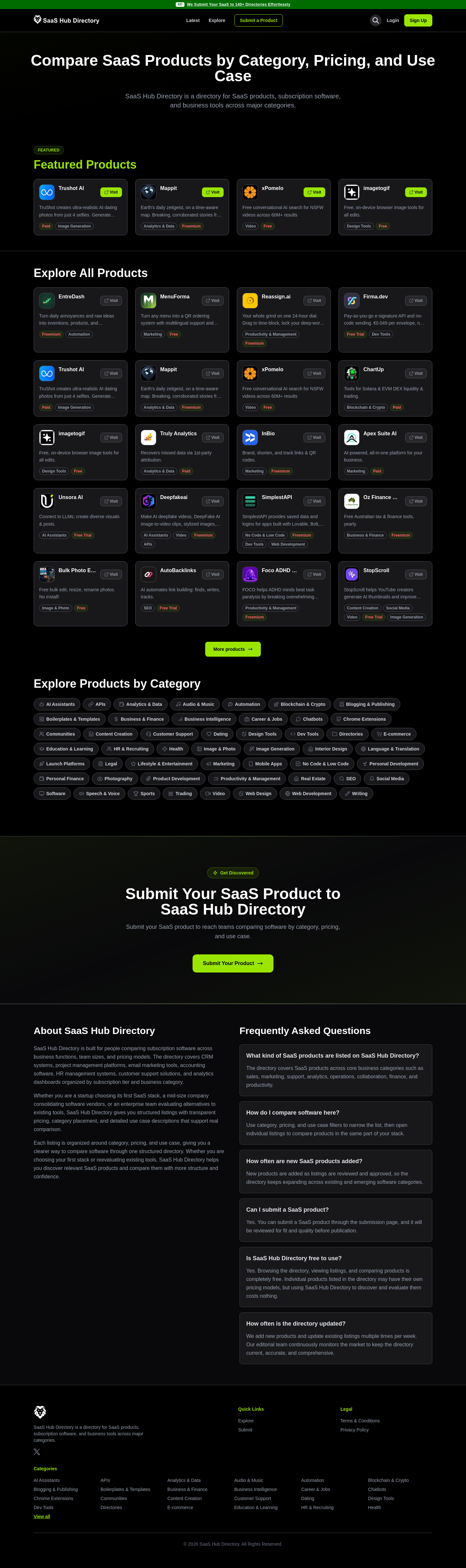 Nav section of saashubdirectory.com