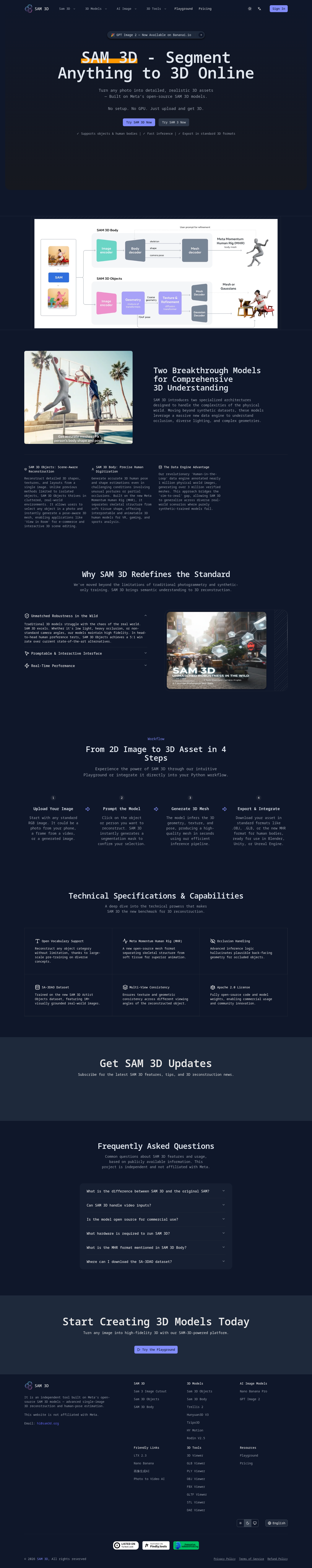 Hero section of sam3d.org