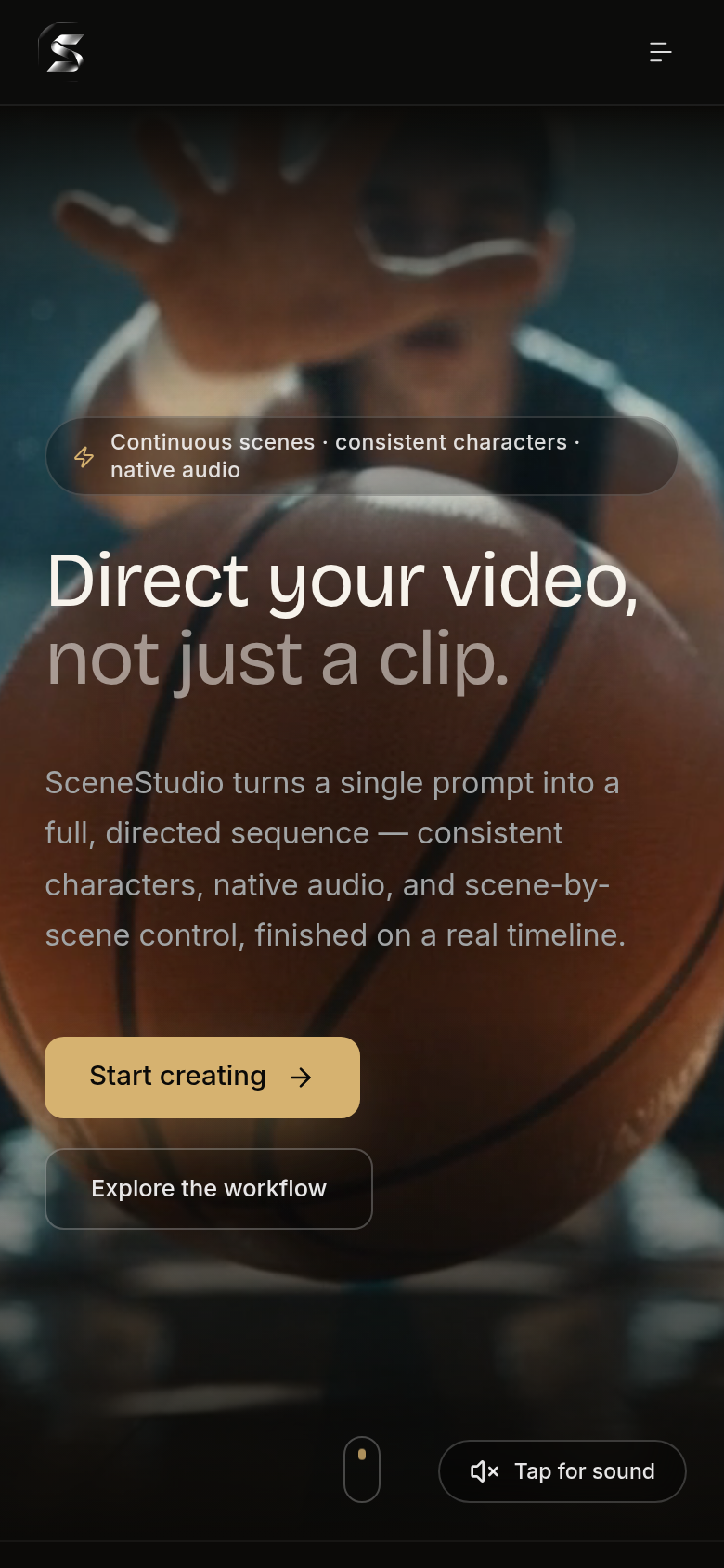 scenestudio.io mobile capture of the first page