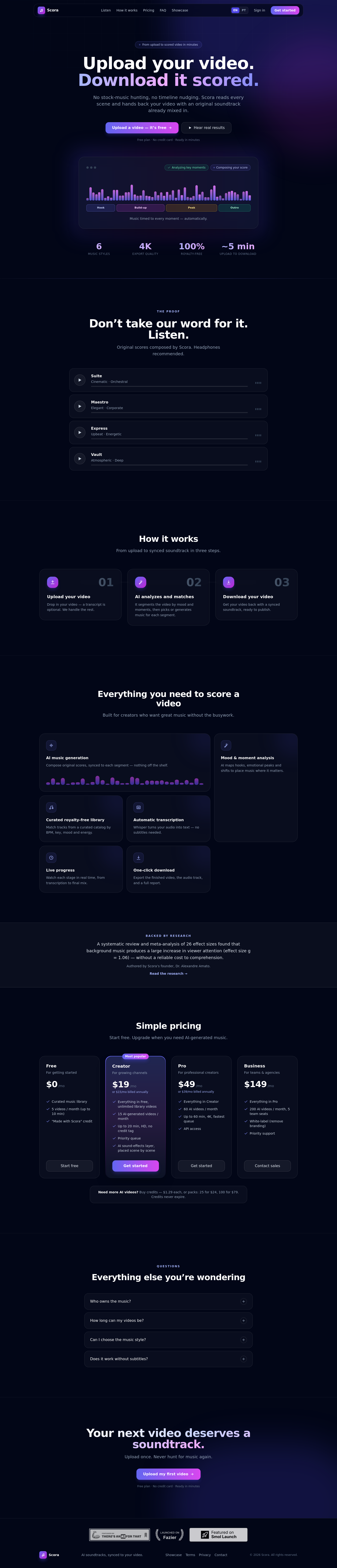 scora.fm — Hero + Logo Wall + Pricing + FAQ