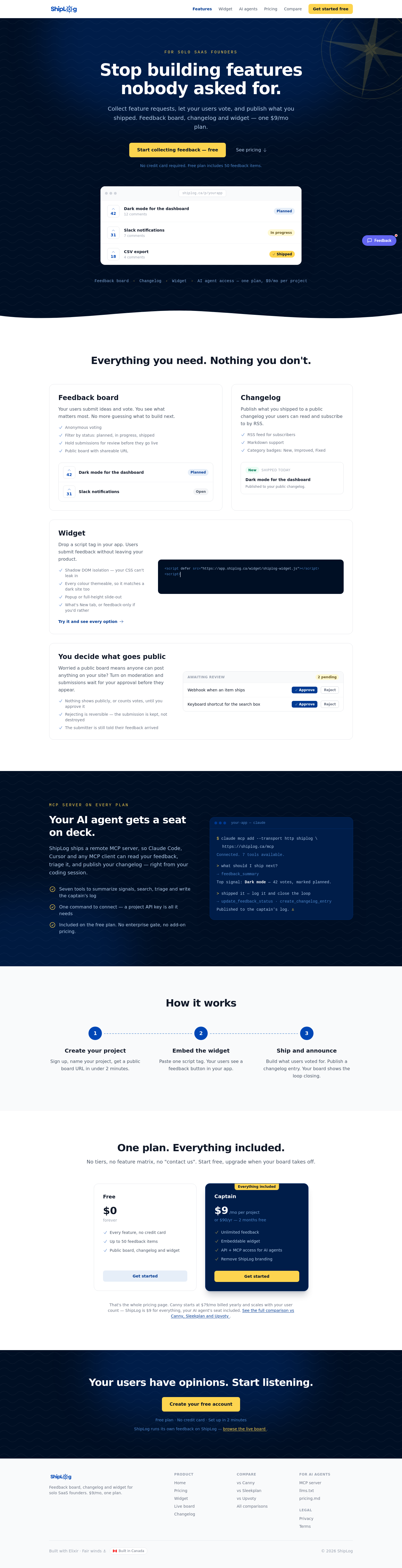 shiplog.ca — Hero + Pricing