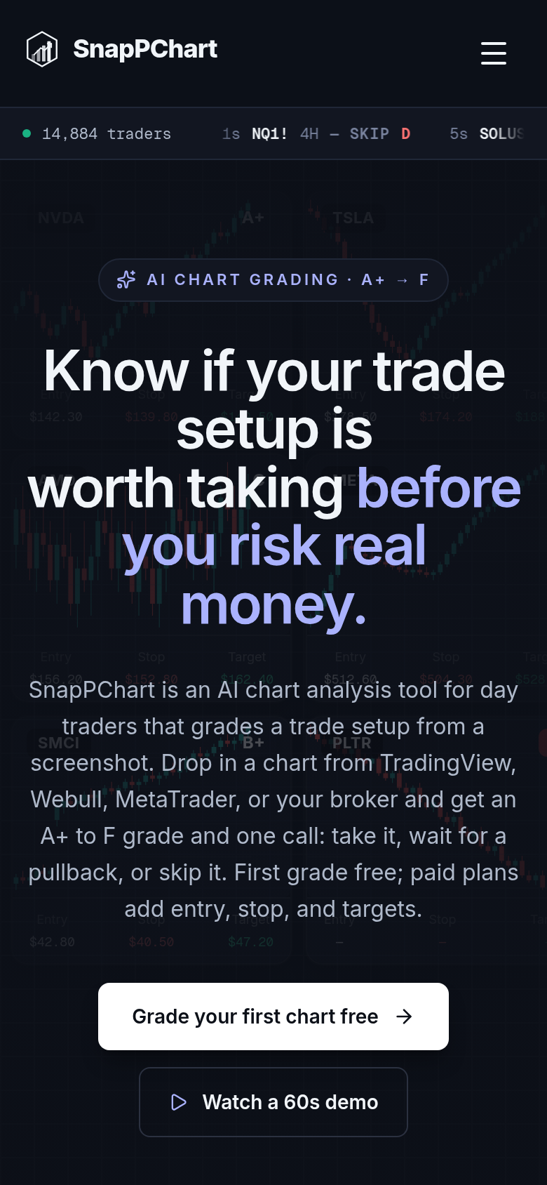 snappchart.app mobile capture of the first page