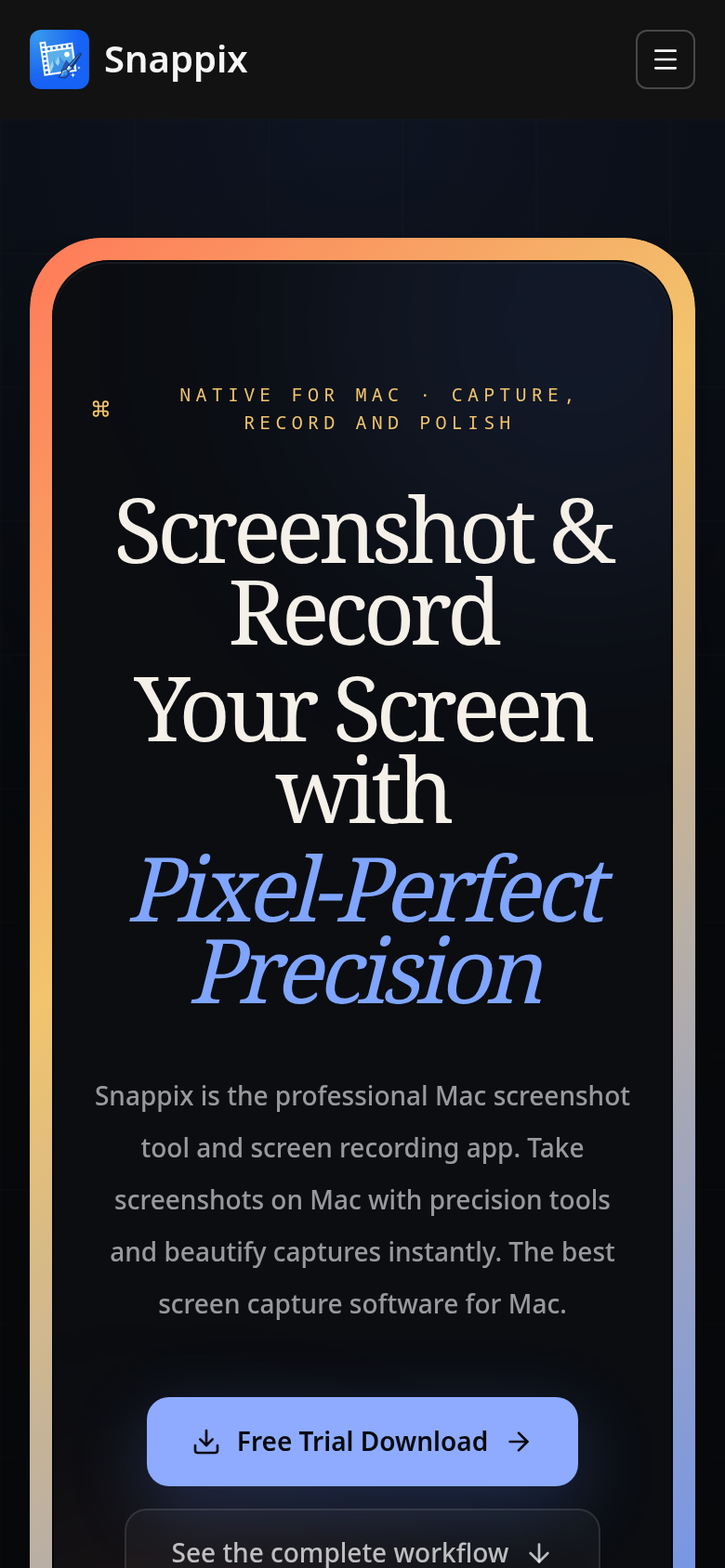snappix.app mobile capture of the first page