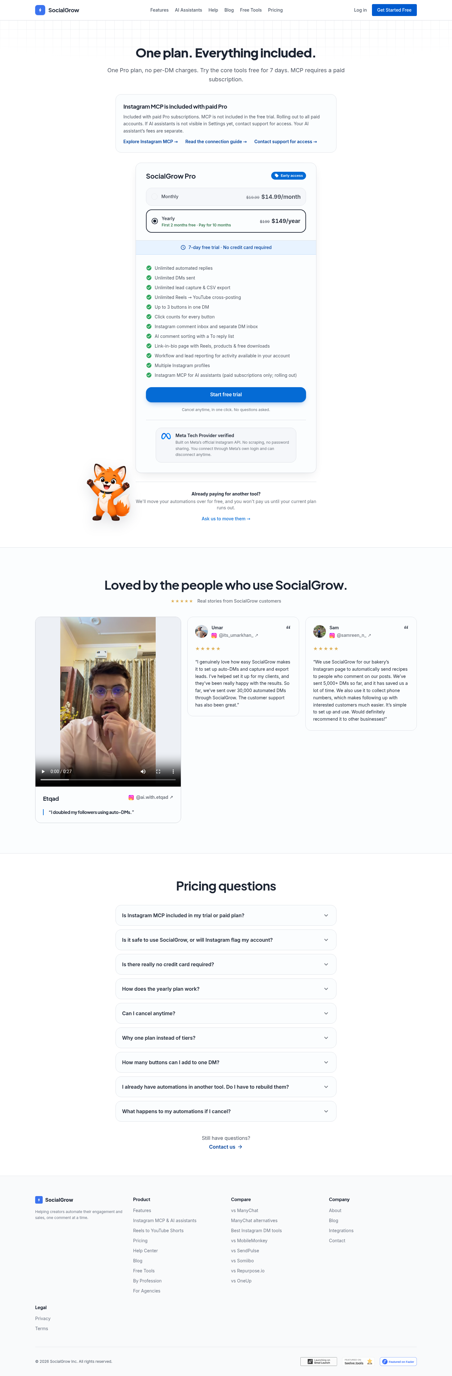 socialgrow.app FAQ section, Pricing