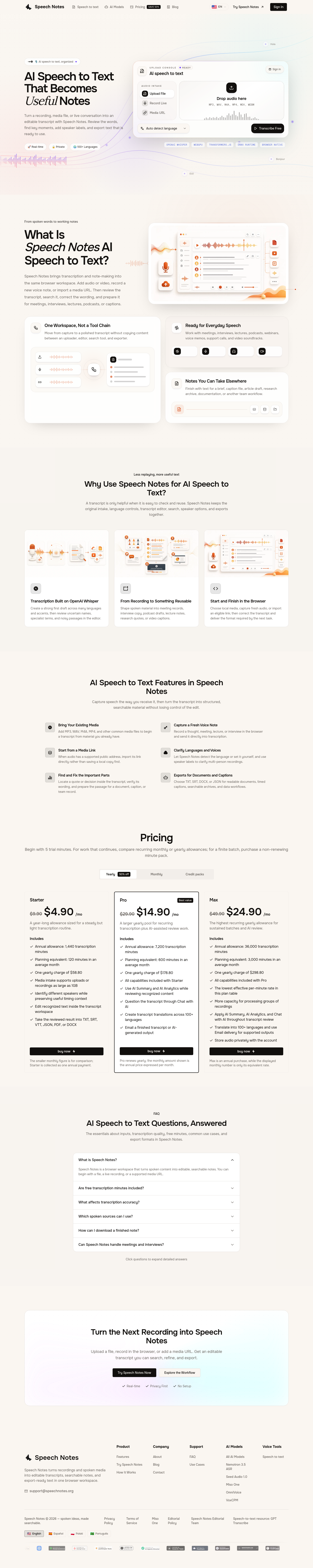 Nav section of speechnotes.org