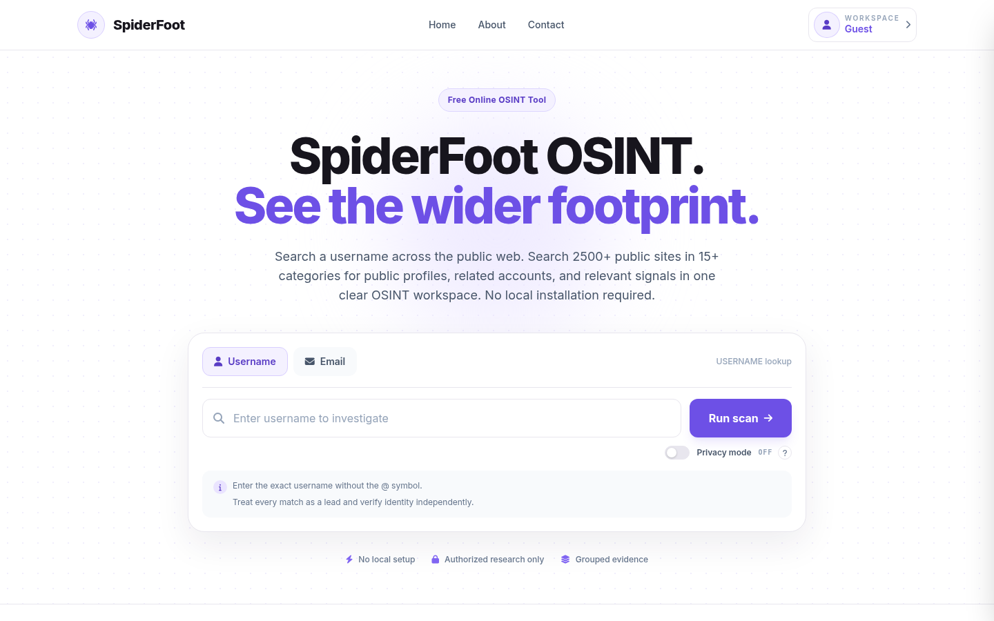spiderfoot.app desktop capture of the first page