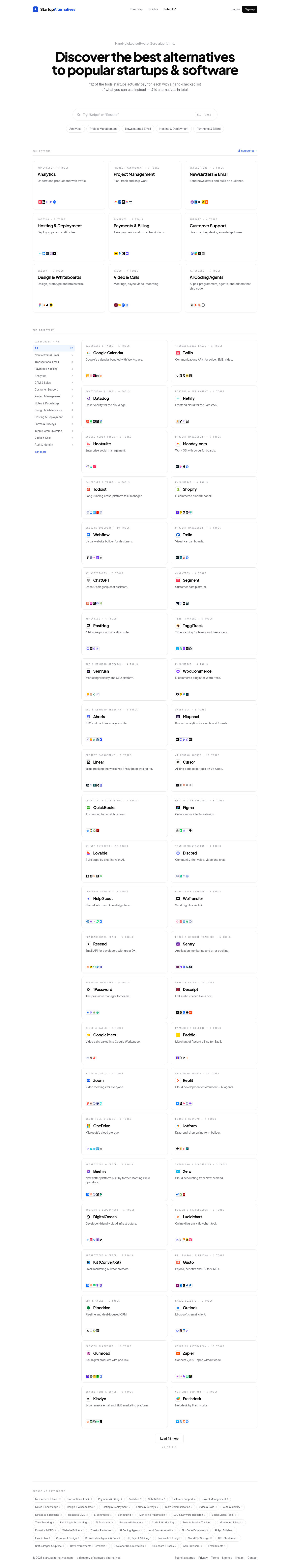 Nav section of startupalternatives.com