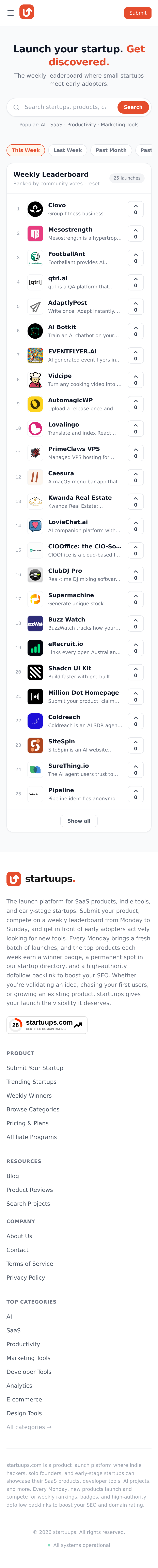 Nav section of startuups.com
