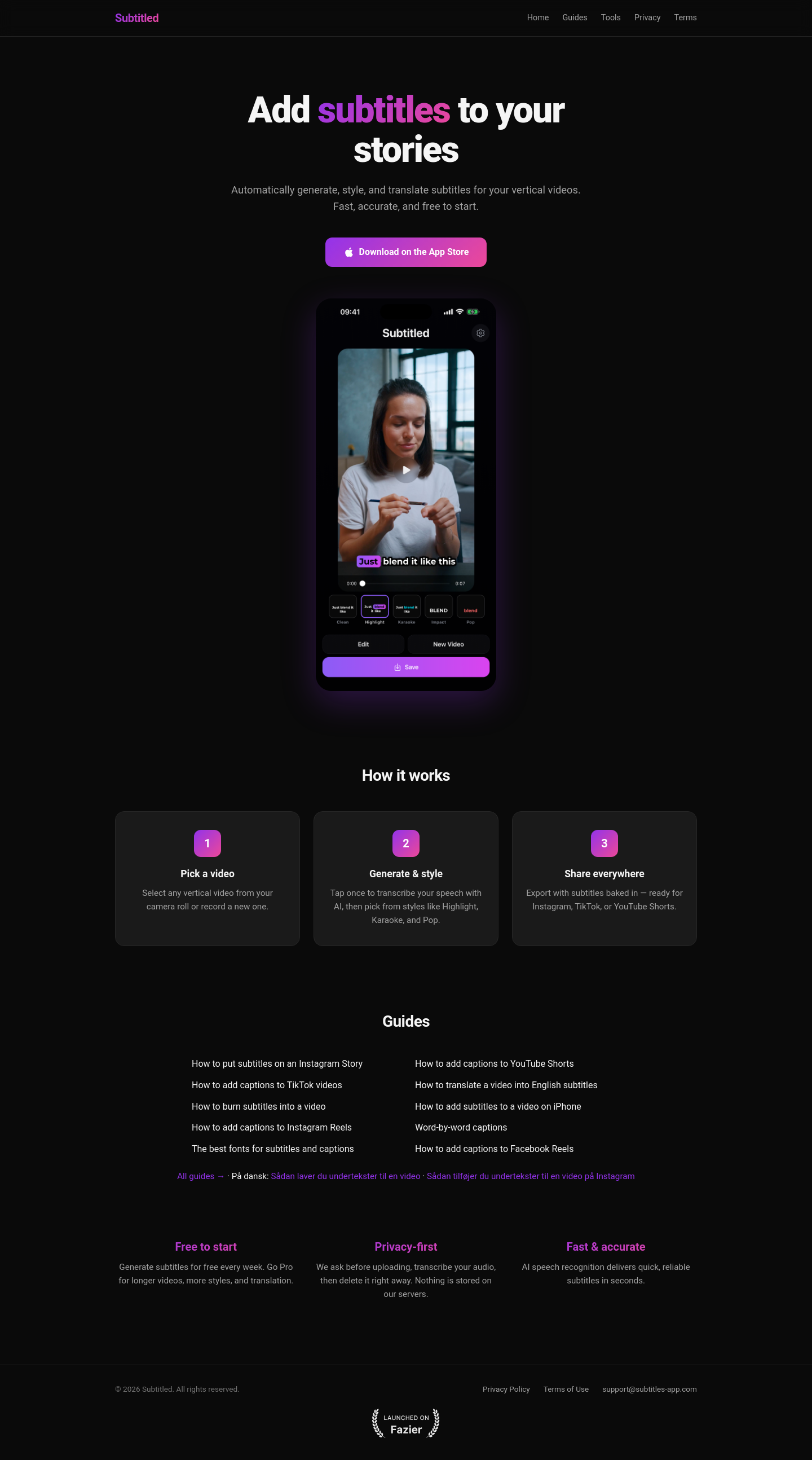 Nav section of subtitles-app.com