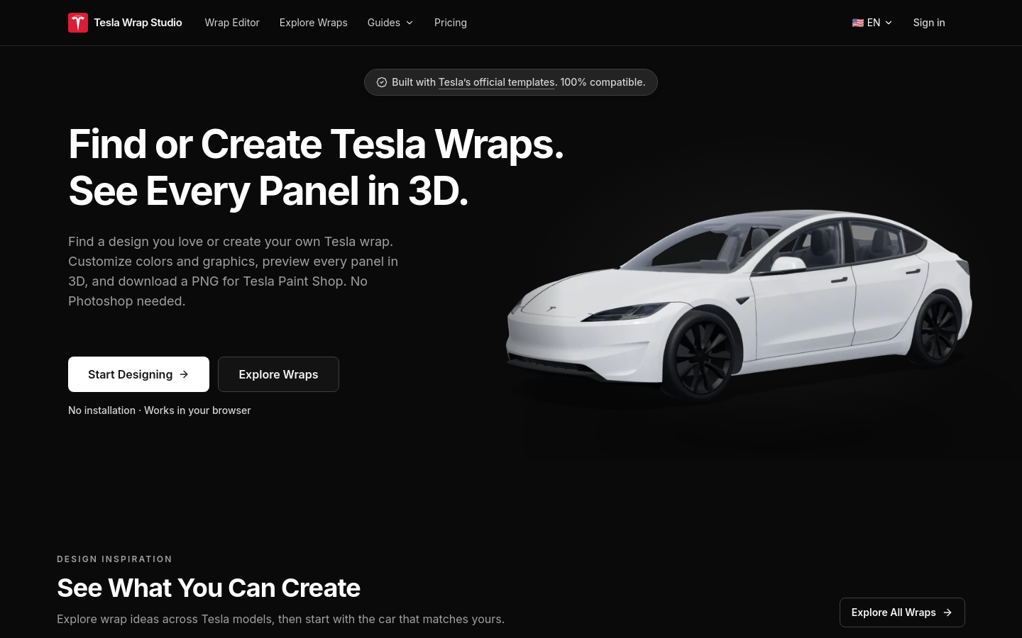 teslawrap.studio desktop capture of the first page