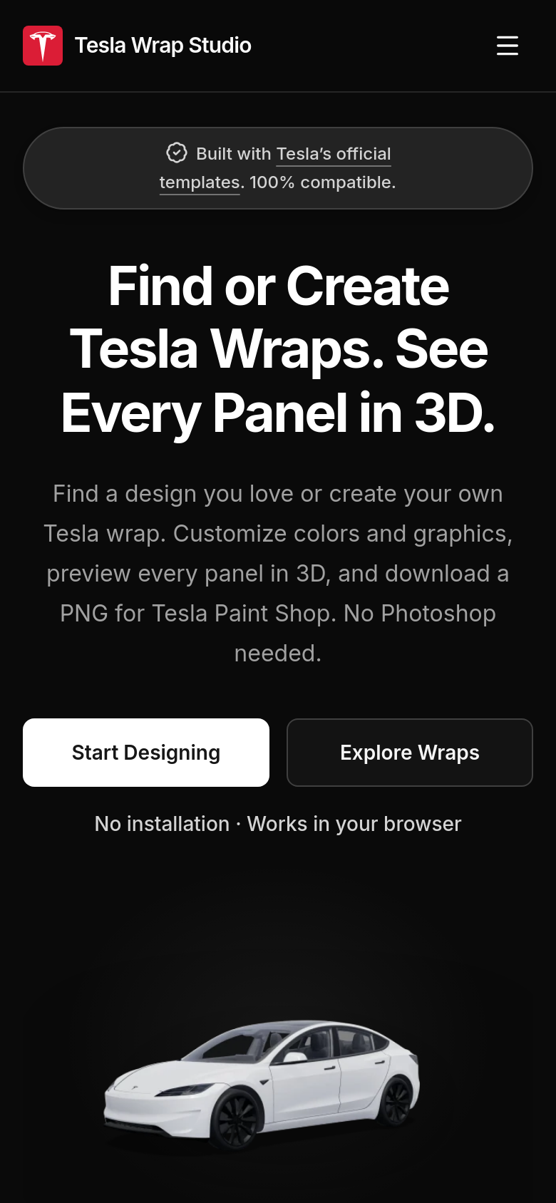 teslawrap.studio mobile capture of the first page