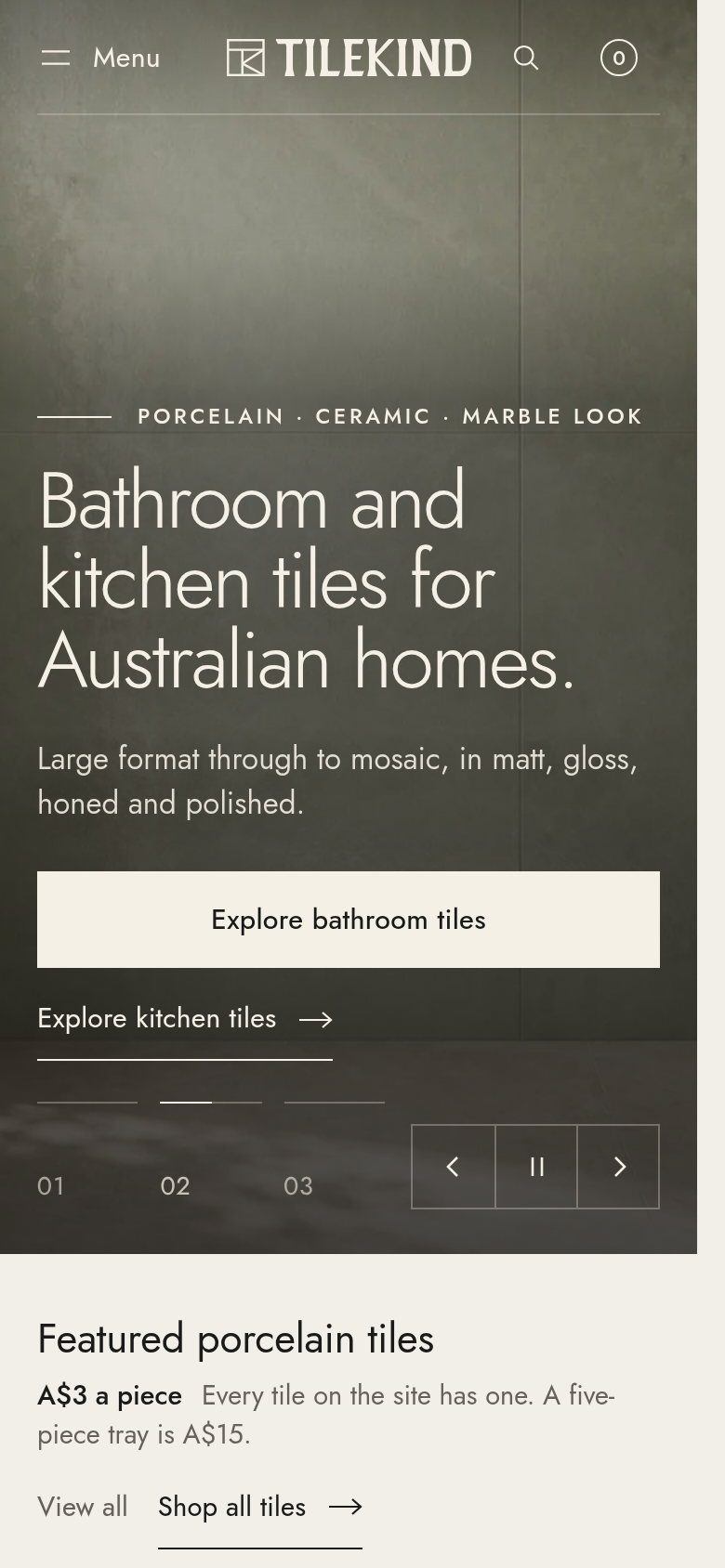 tilekind.com.au mobile capture of the first page
