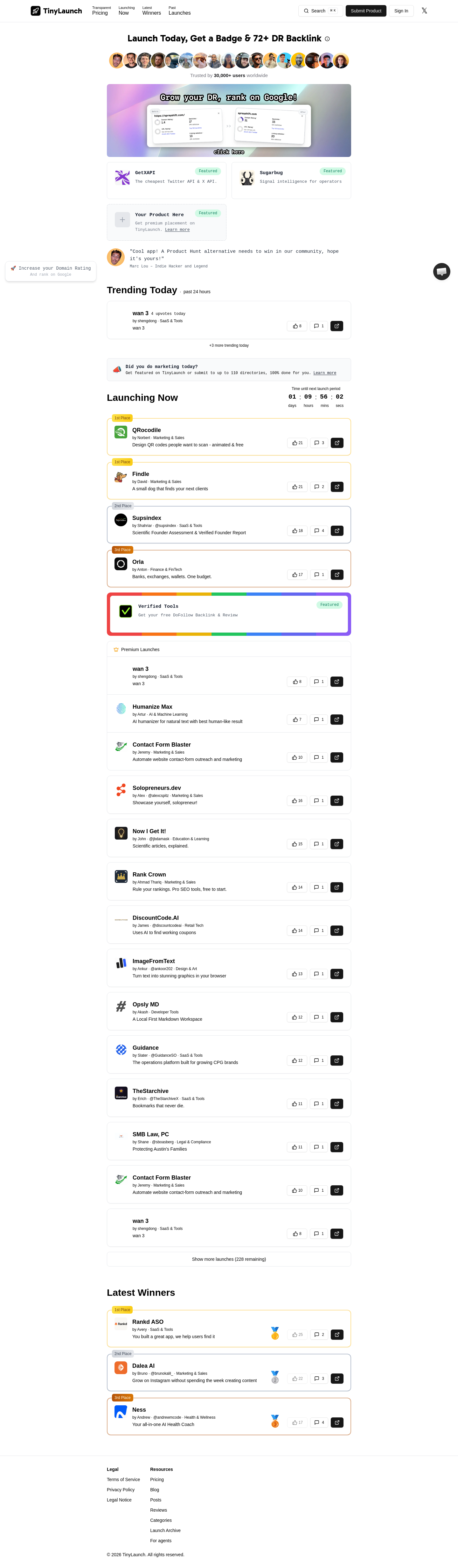 Nav section of tinylaunch.com
