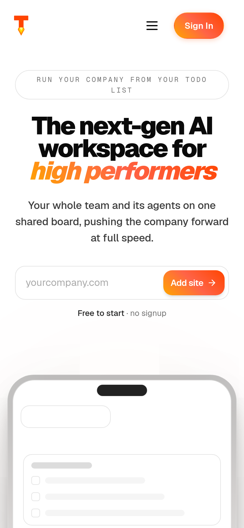 todofor.ai mobile capture of the first page