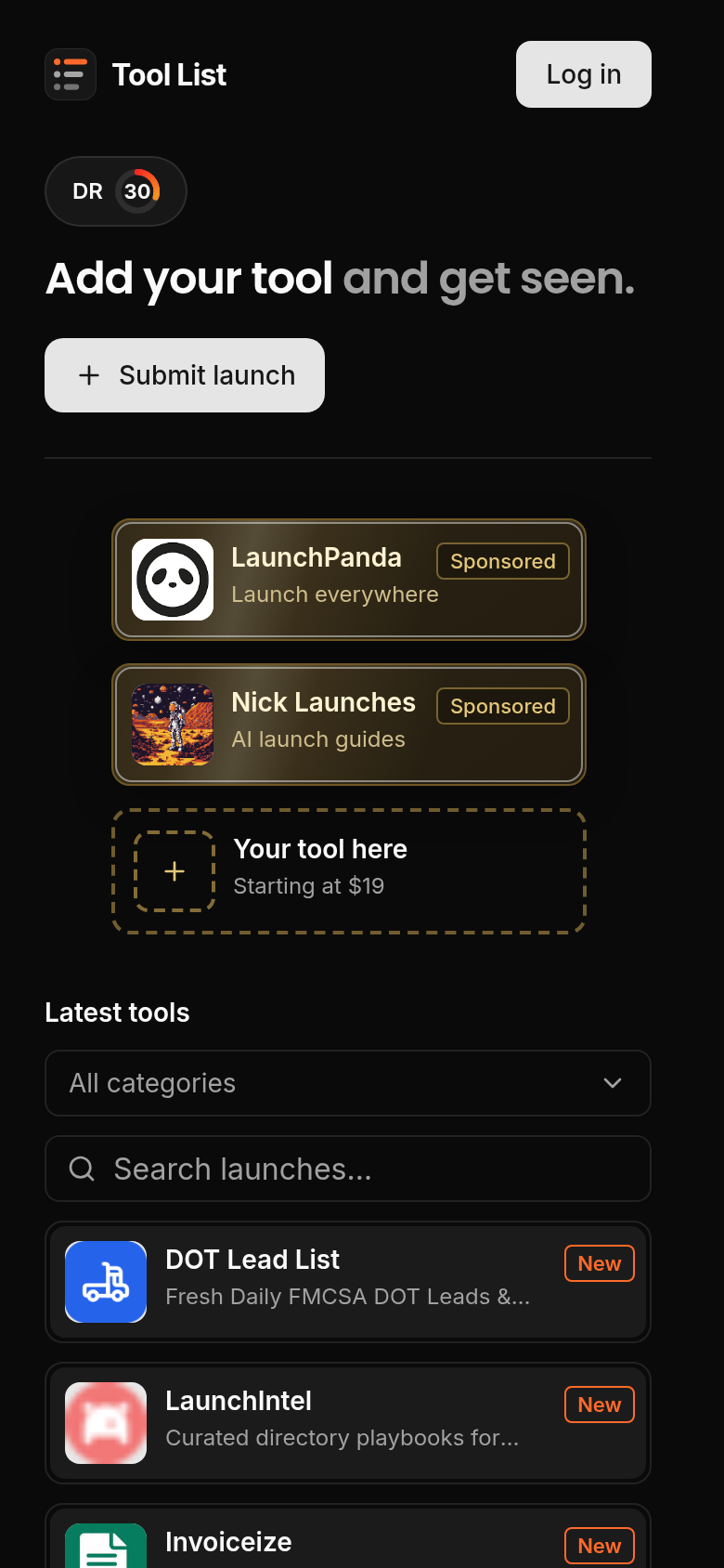 tool-list.dev mobile capture of the first page