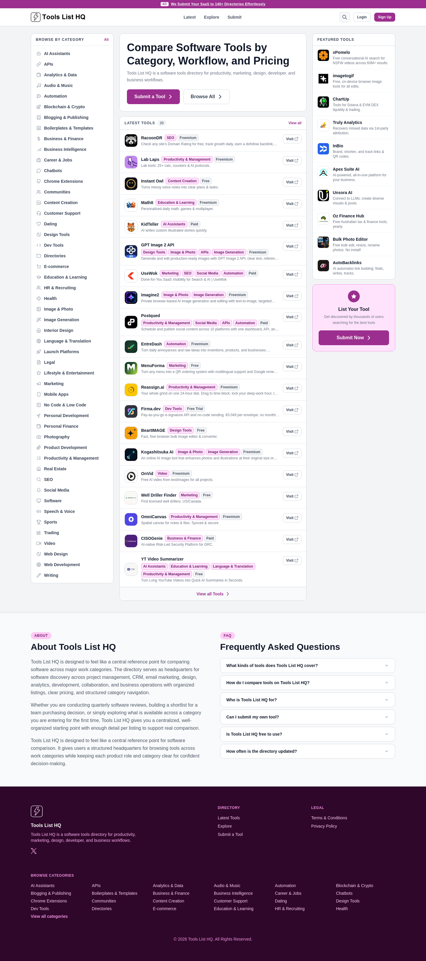 Nav section of toolslisthq.com