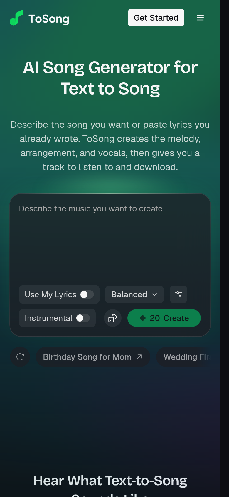 tosong.app mobile capture of the first page
