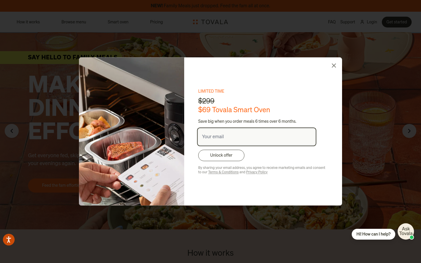 Above-the-fold capture of tovala.com