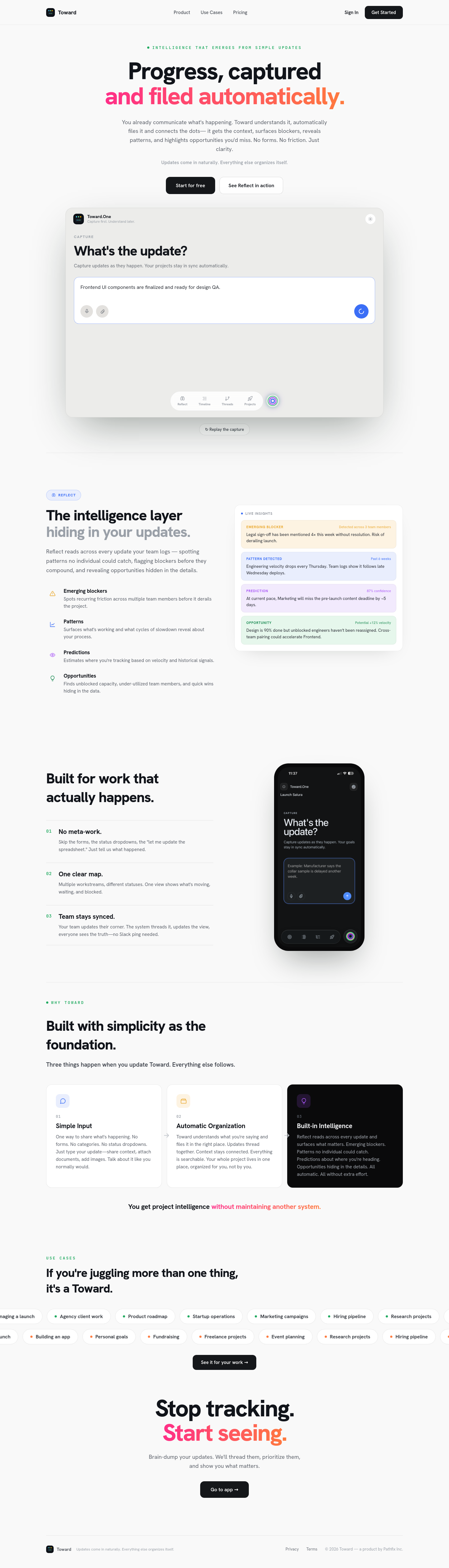 toward.one — Hero + Features