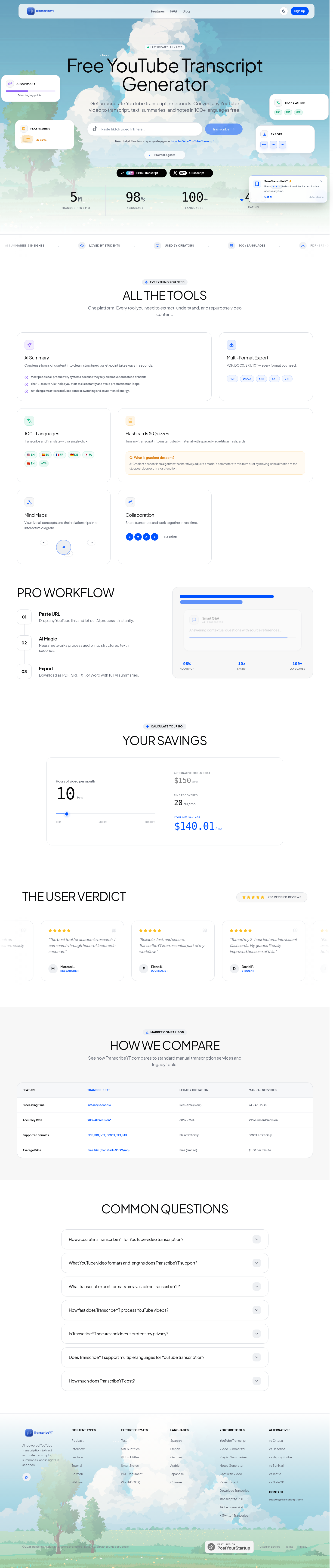 Nav section of transcribeyt.com