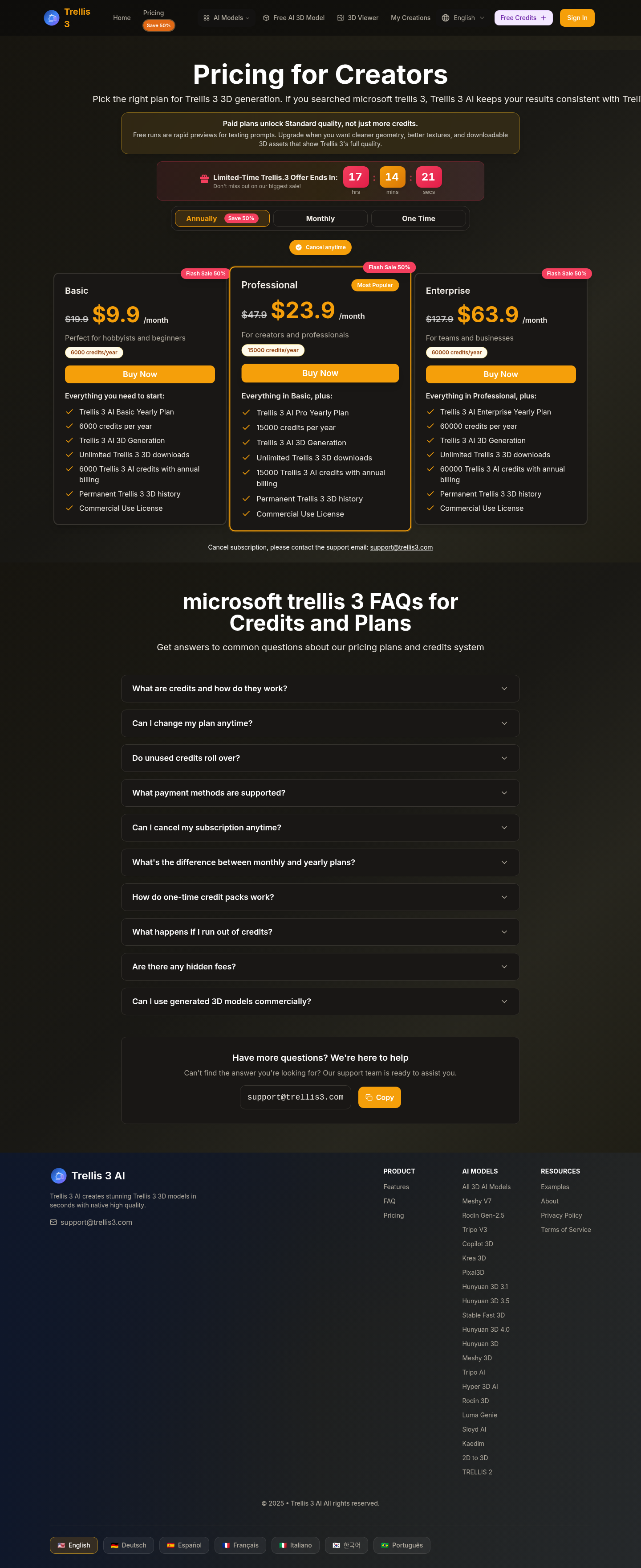trellis3.com FAQ section, Pricing