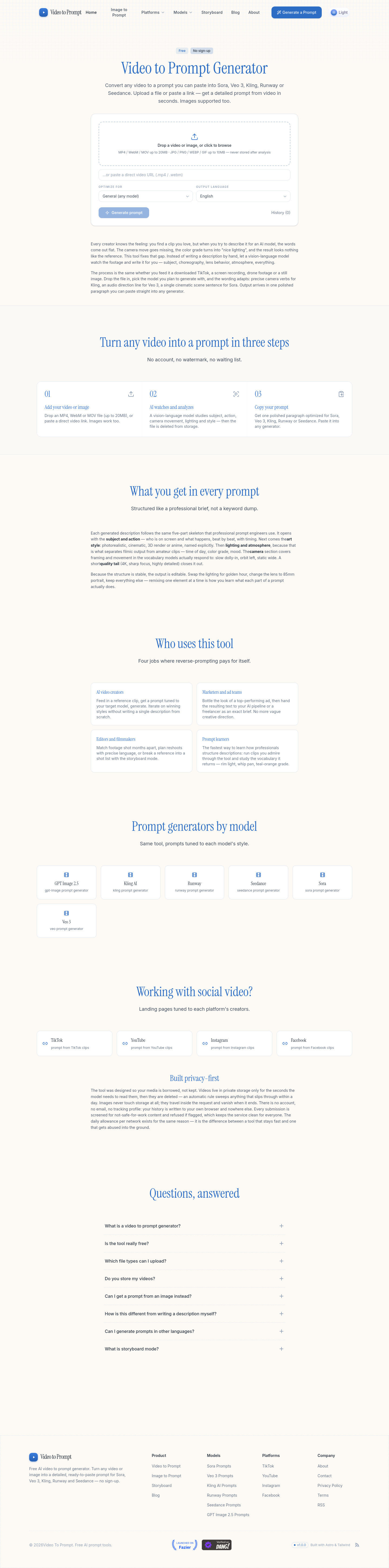 Nav section of tryvideotoprompt.com