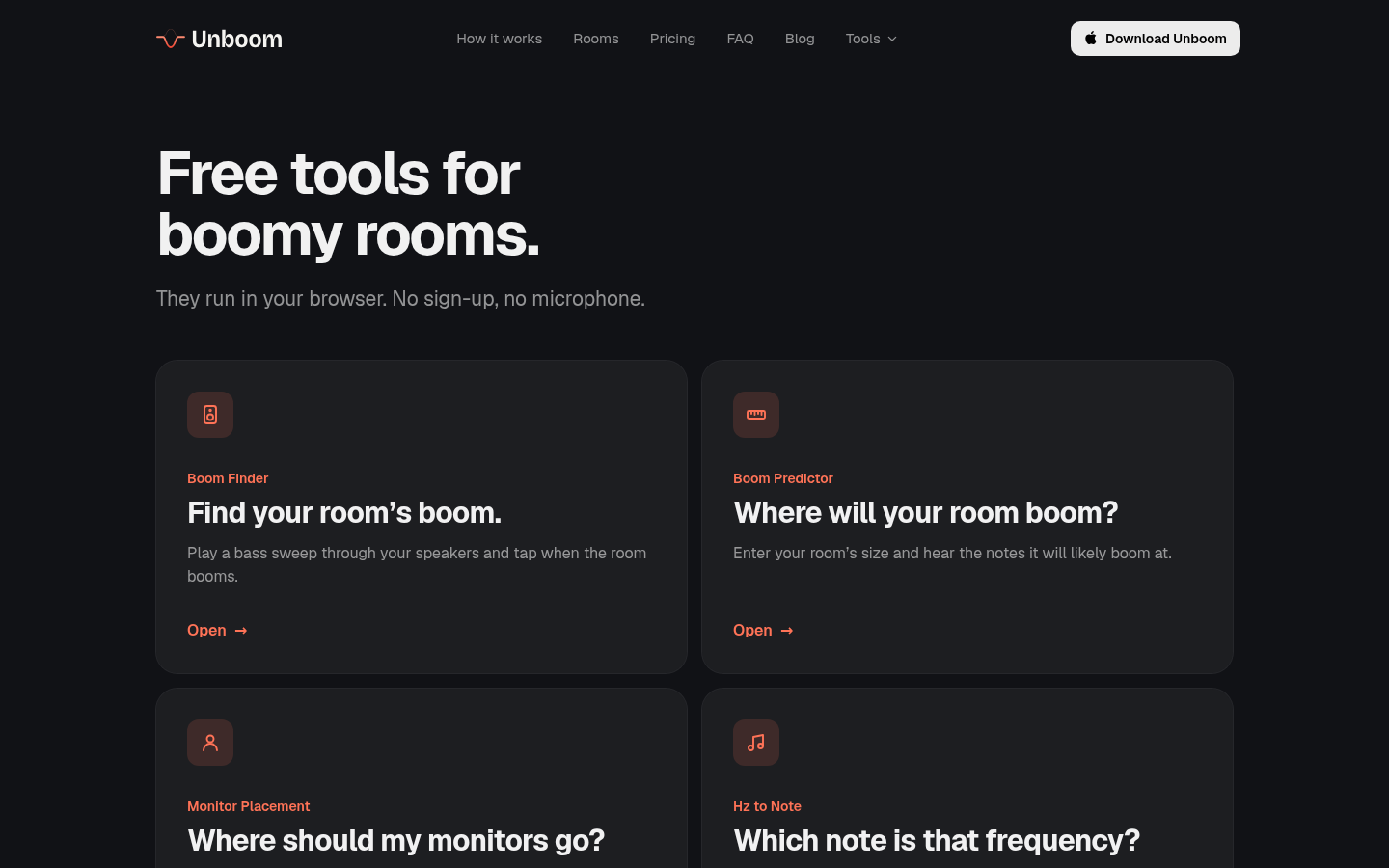 unboom.app desktop capture of the first page