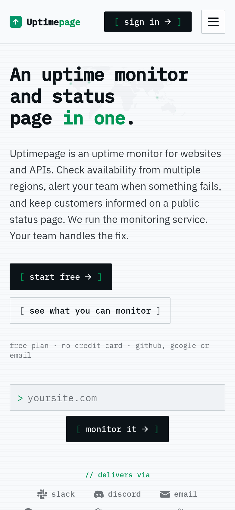 uptimepage.dev mobile capture of the first page