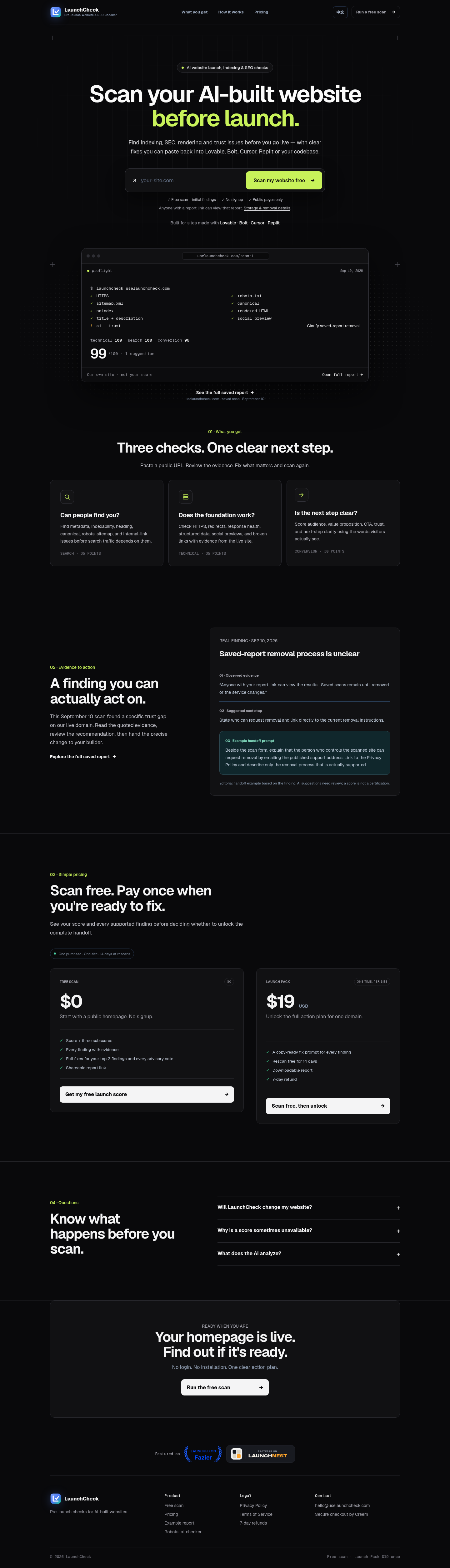 uselaunchcheck.com FAQ section, Homepage / Lander