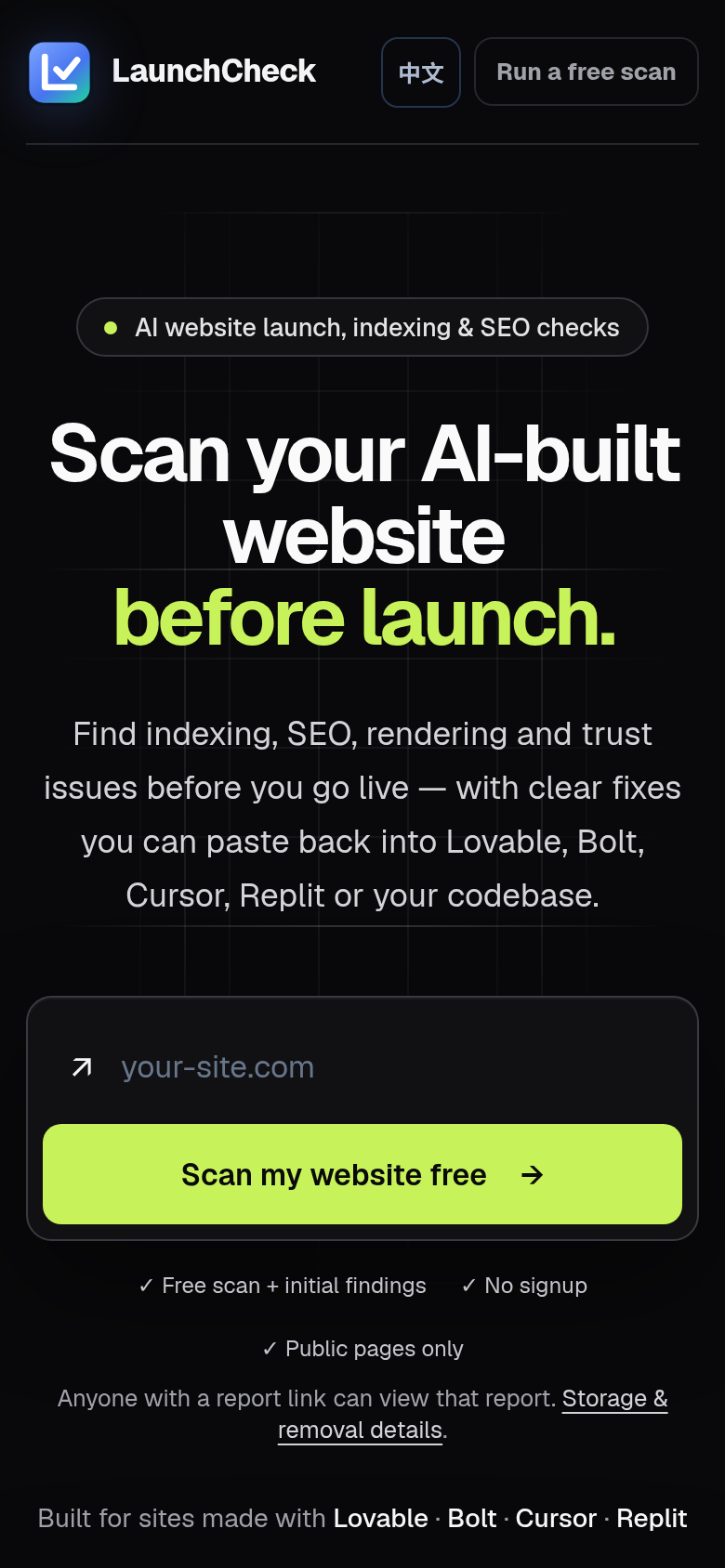 uselaunchcheck.com mobile capture of the first page