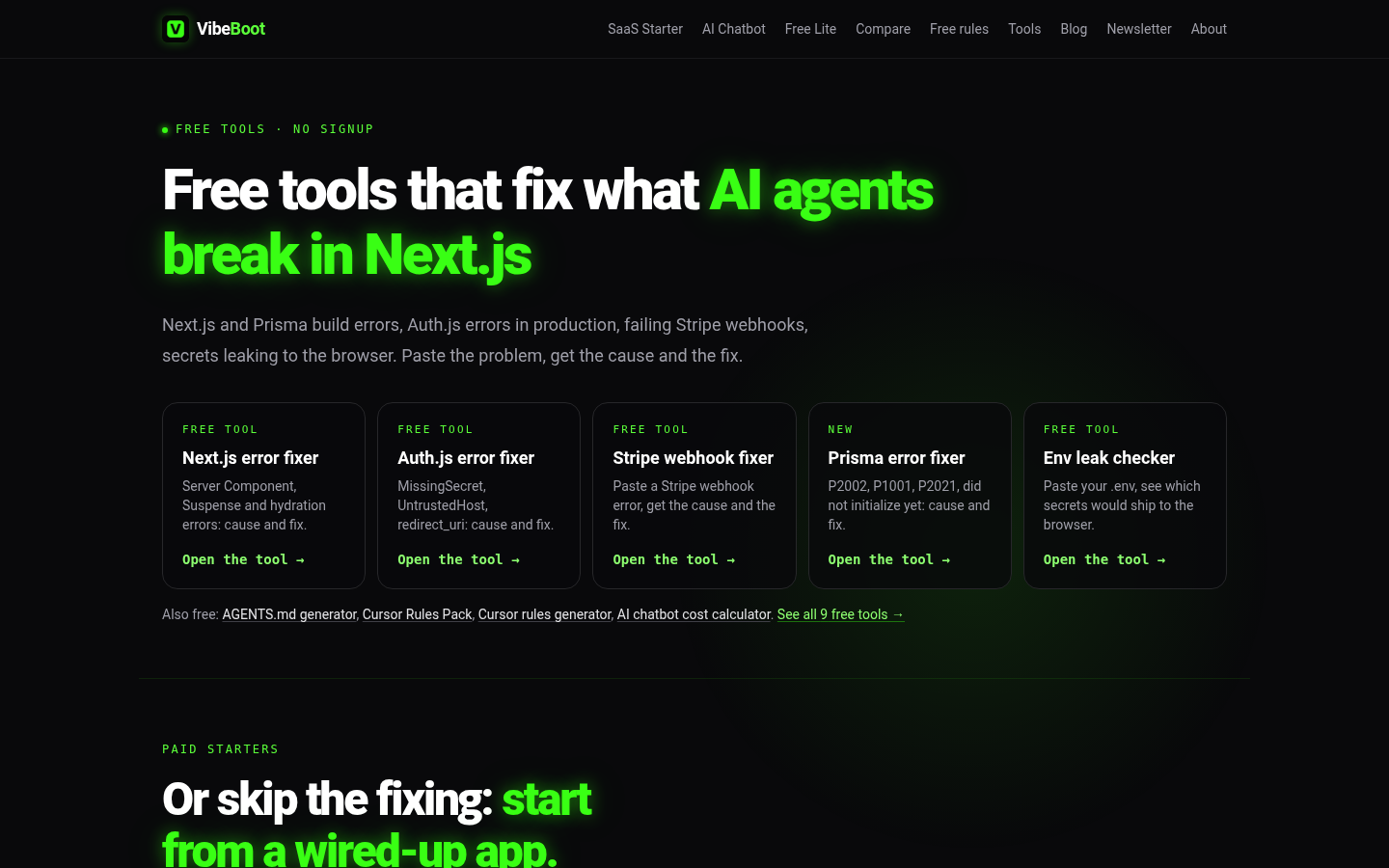 vibeboot.dev desktop capture of the first page