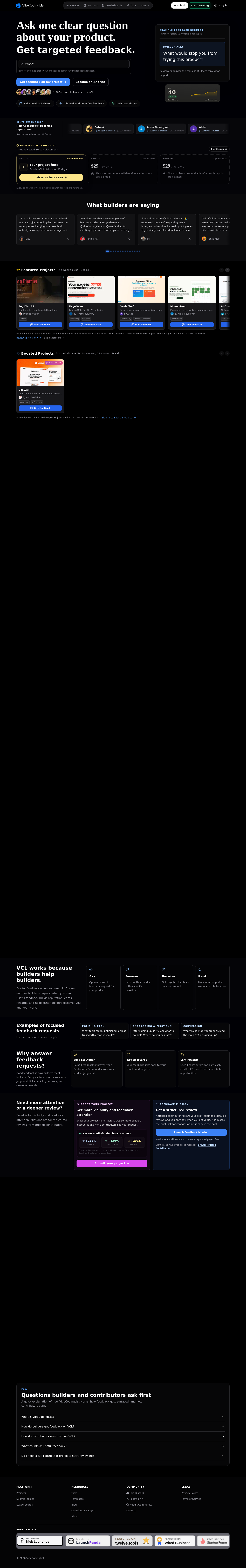 Hero section of vibecodinglist.com