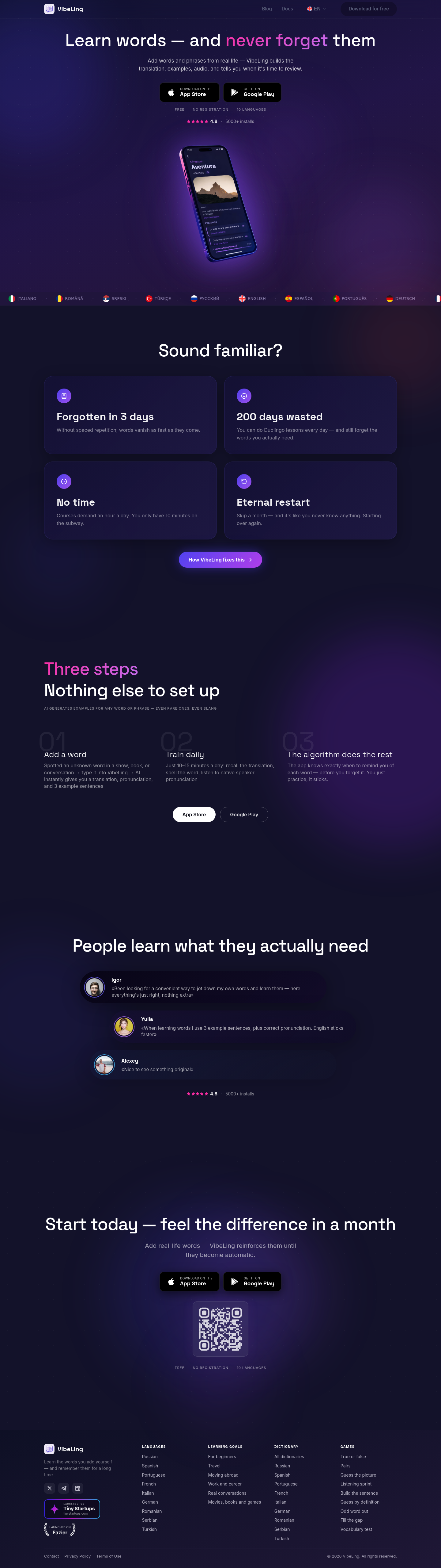 Nav section of vibeling.app