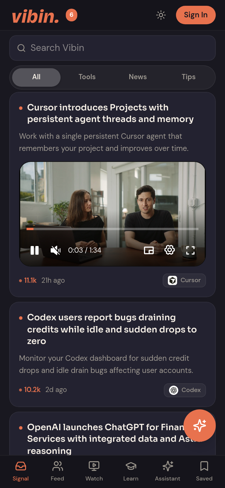 vibin.live mobile capture of the first page