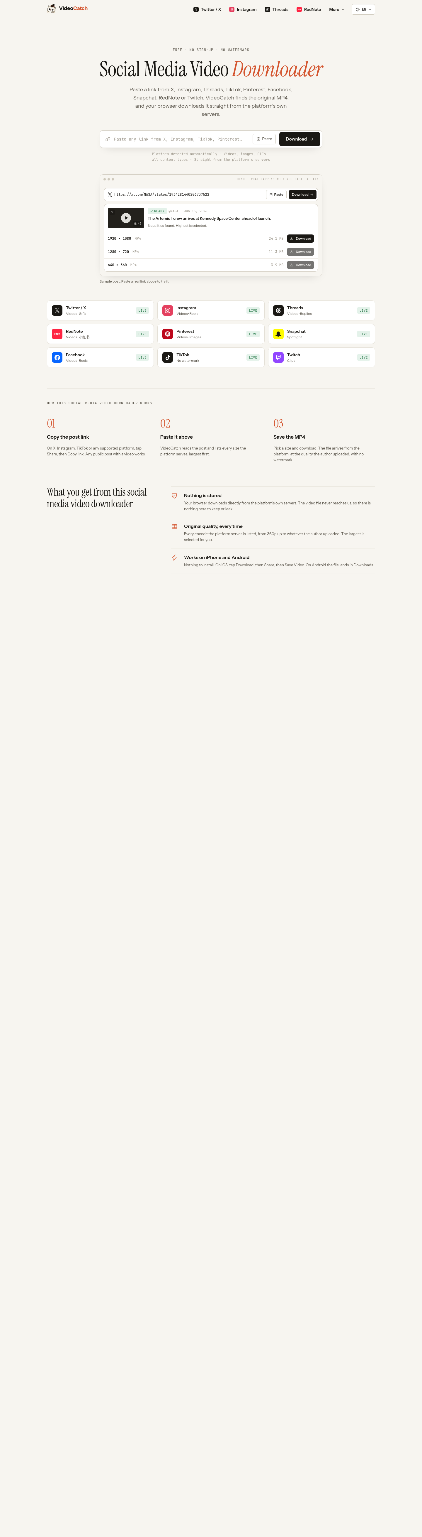 Nav section of videocatch.org