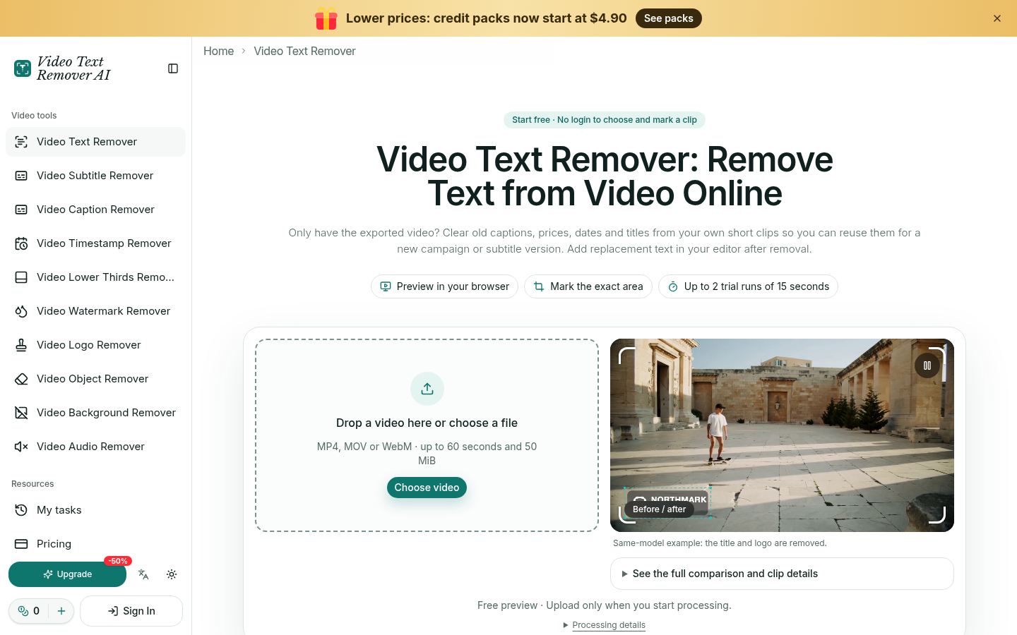 videotextremover.net desktop capture of the first page