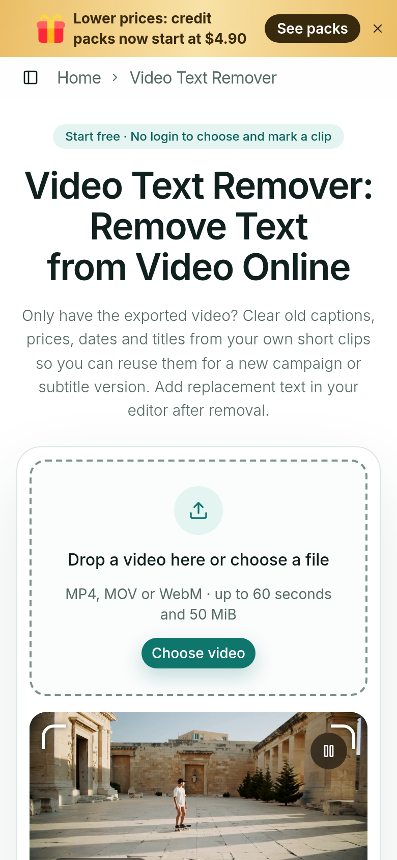 videotextremover.net mobile capture of the first page