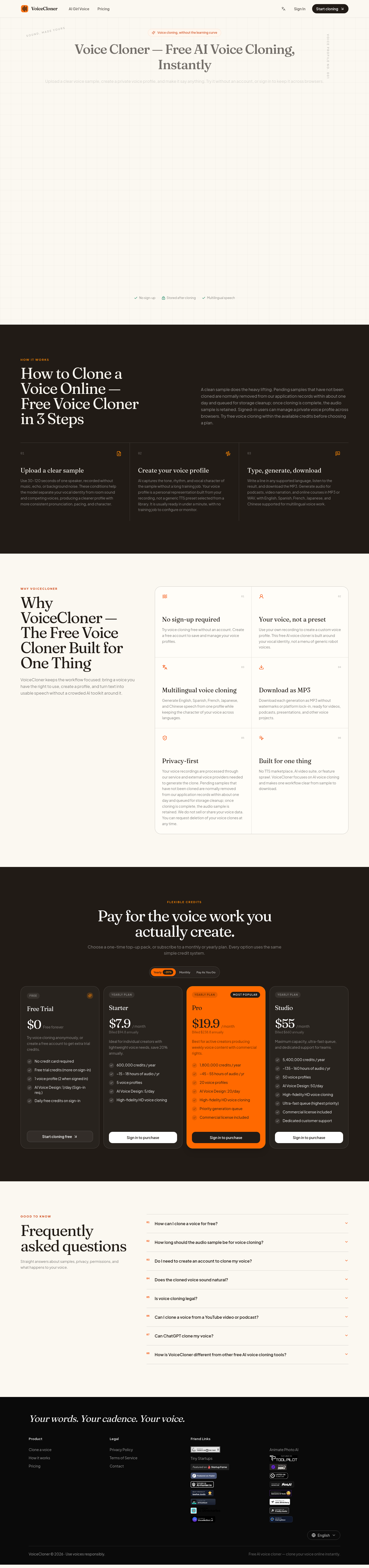 Nav section of voicecloner.org