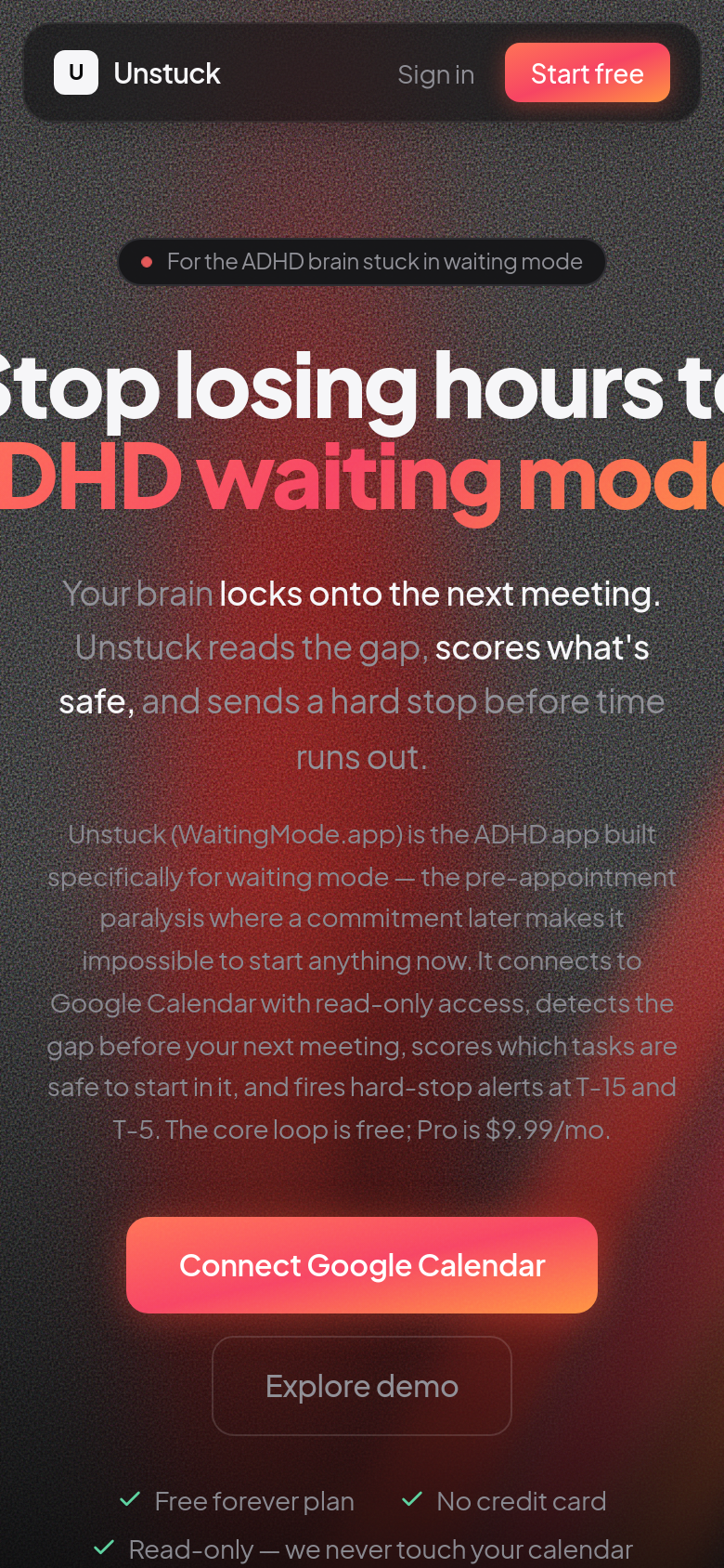 waitingmode.app mobile capture of the first page