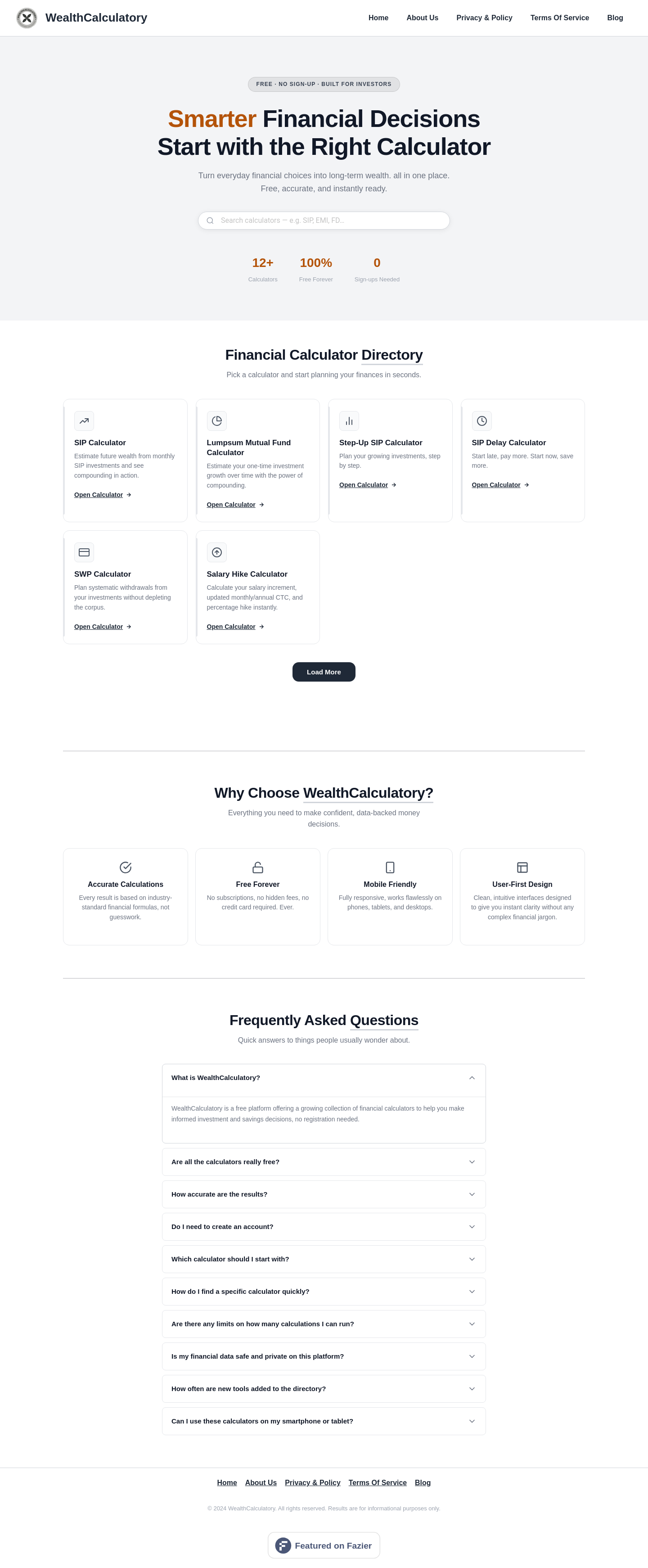 Nav section of wealthcalculatory.com