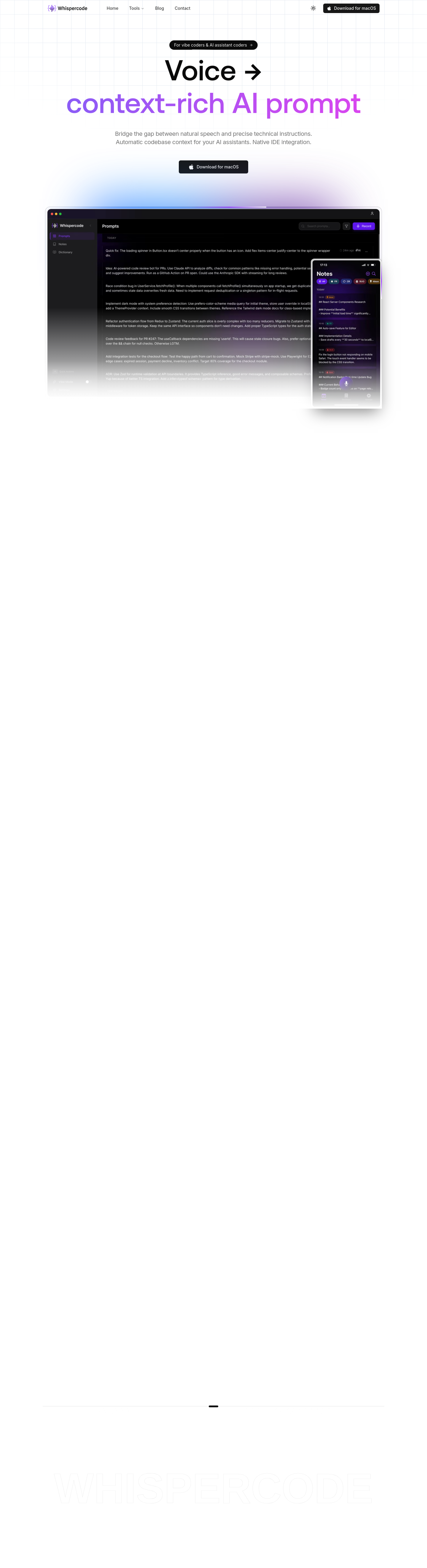Nav section of whispercode.co