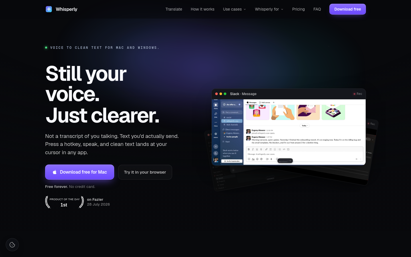 whisperly.io desktop capture of the first page